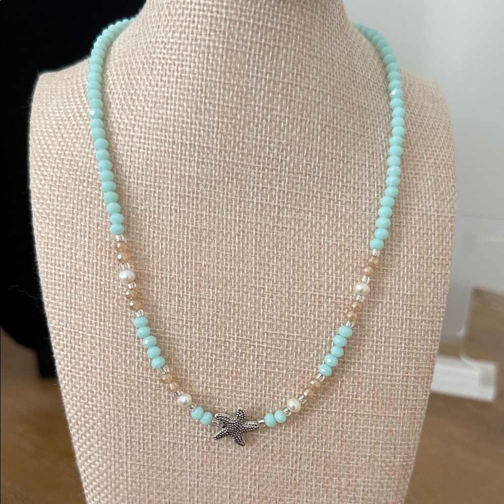 Starfish Beaded Necklace - Aqua and Silver